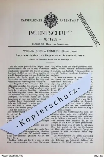 original Patent - William Ross , Edinburg , Schottland | 1893 | Spannvorrichtung an Regenschirm o. Sonnenschirm | Schirm