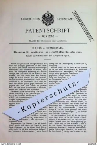 original Patent - H. Eilts , Bremerhaven | 1892 | Steuerung für selbsttätige Kesselspeiser | Dampfkessel | Kessel !!