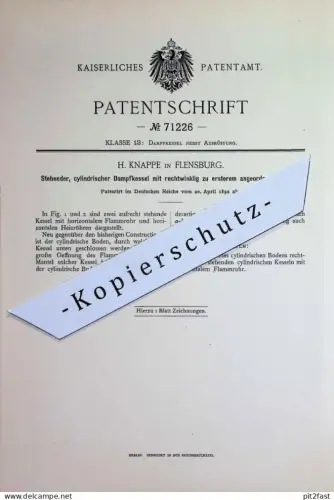 original Patent - H. Knappe , Flensburg | 1892 | zylindrischer Dampfkessel | Wasserkessel , Kessel | Heizung , Ofen !