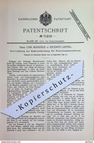 original Patent - Fa. Chn. Mansfeld , Leipzig / Reudnitz | 1892 | Gemischbildung für Petroleummaschinen | Gasmotor Motor
