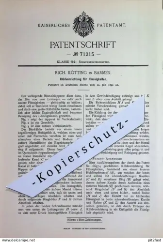 original Patent - Rich. Kötting , Barmen | 1892 | Kühlvorrichtung für Flüssigkeiten | Kühlung | Bier - Kühlapparat !!
