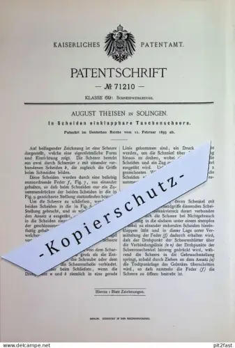 original Patent - August Theisen , Solingen | 1893 | In Scheiden einklappbare Taschenschere | Schere Scheren | Werkzeug