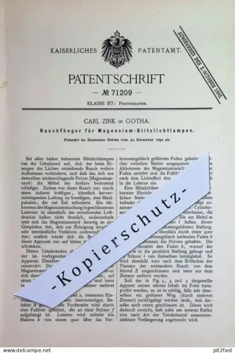 original Patent - Carl Zink , Gotha | 1892 | Rauchfänger für Magnesium - Blitzlichtlampen | Fotografie , photography !!