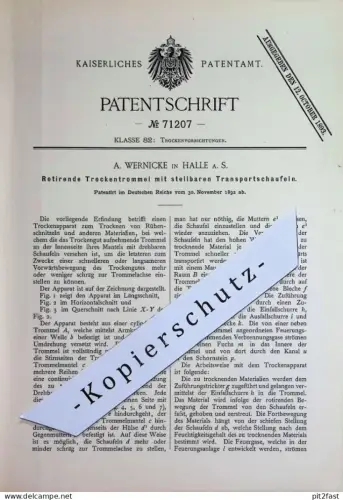original Patent - A. Wernicke , Halle / Saale | 1892 | Rotierende Trockentrommel | Trocknen von Rüben | Trocknung !!!