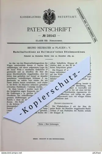 original Patent - Bruno Neubauer , Plauen i. V. | 1883 | Nadelhaltschiene an Heilmann'schen Stickmaschinen | Nähmaschine