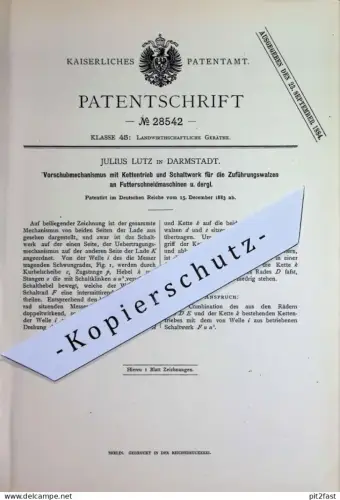 original Patent - Julius Lutz , Darmstadt | 1883 | Futterschneidmaschinen | Landwirtschaft , Futter , Schneidwerk