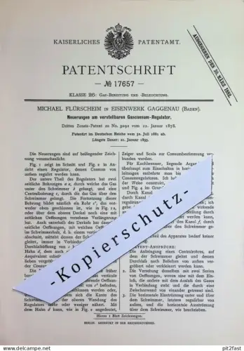 original Patent - Michael Flürscheim , Eisenwerk Gaggenau Baden | 1881 | Gaskonsum Regulator | Gaszähler , Gas Zählwerk