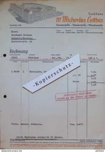 Tuchhaus - W. Michovius in Cottbus , 1938 , Matratzenfabrik Bernhard Niehaus in Schwerin , Rechnung / Dokument !!