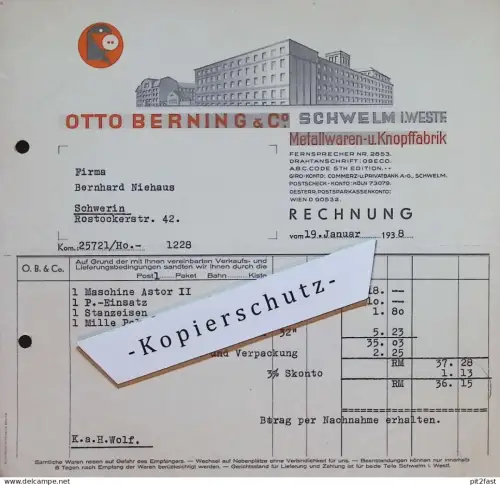 Knopffabrik Otto Berning in Schwelm i.W., 1938 , Matratzenfabrik Bernhard Niehaus in Schwerin , Rechnung / Dokument !!