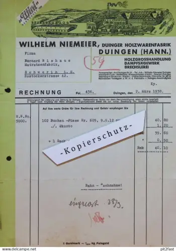 W. Niemeier in Duingen , 1938 , Matratzenfabrik Bernhard Niehaus in Schwerin , Rechnung / Dokument !!