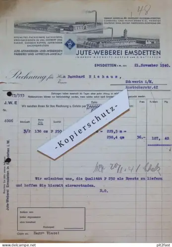 Jute Weberei Emsdetten i.W. , 1940 , nach Bernhard Niehaus in Schwerin , Rechnung / Dokument !!