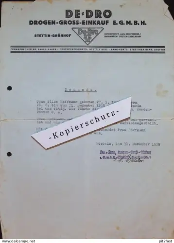 Drogen-Einkauf Stettin Grünhof i. Pommern ,1939 , altes Zeugnis / Dokument !!