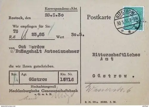 Gut Wardow , 1930 , Ritterschaftliches Amt Güstrow i. Mecklenburg , Genossenschaftsbank !!