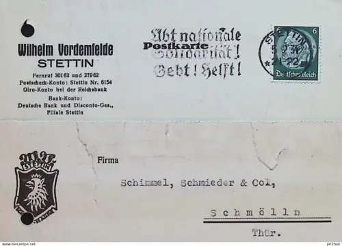 Wilhelm Vordemfelde in Stettin , 1934 , RZM - Nummer für Anzüge , Reklame , Ganzsache zu Schimmel & Schmieder Schmölln !