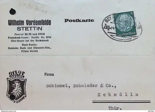 Wilhelm Vordemfelde in Stettin , 1934 , RZM - Knöpfe , Reklame , Ganzsache zu Schimmel & Schmieder Schmölln !!