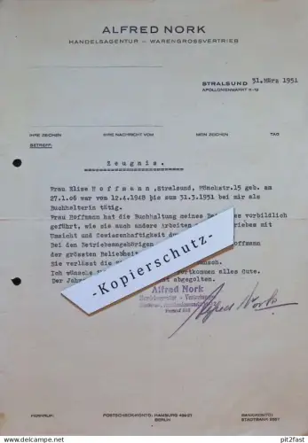 Agentur Alfred Nork in Stralsund , 1951 , altes Dokument , Zeugnis , Mecklenburg !!