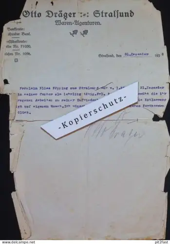 Otto Dräger in Stralsund , 1928 , altes Dokument , Zeugnis , Mecklenburg !!