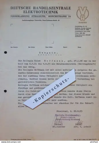 DEHAZET in Stralsund , 1953 , altes Dokument , Zeugnis , Mecklenburg !!