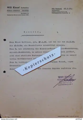 Buchhandlung - Willi Kinzel in Stralsund , 1954 , altes Dokument , Zeugnis , Mecklenburg !!