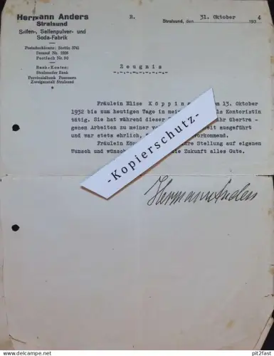 Seifenfabrik - Hermann Anders in Stralsund , 1934 , altes Dokument , Zeugnis , Mecklenburg !!