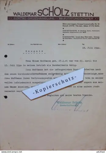 Beleuchtung - Waldemar Scholz in Stettin , 1940 , alte Rechnung / Dokument , Pommern !!