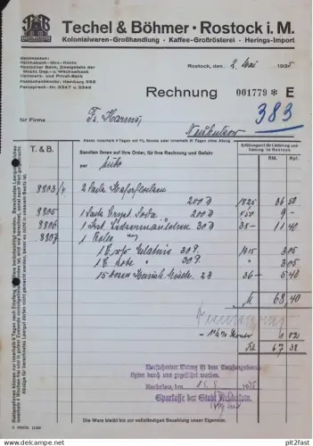 Rösterei und Heringe - Techel & Böhmer in Rostock , 1935 , Neubukow Stempel , alte Rechnung / Dokument , Mecklenburg !!