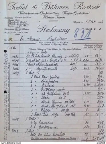 Rösterei und Heringe - Techel & Böhmer in Rostock , 1932 , alte Rechnung / Dokument , Mecklenburg !!