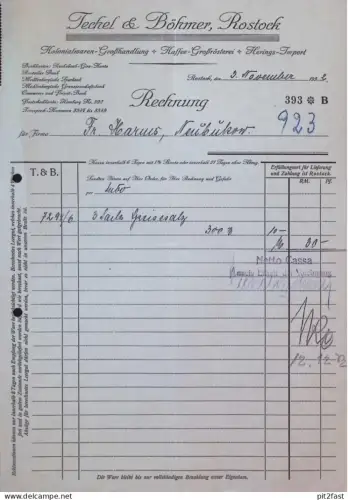 Rösterei und Heringe - Techel & Böhmer in Rostock , 1932 , alte Rechnung / Dokument , Mecklenburg !!