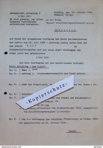 Flußschraubendampfer "Hans" in Stettin , 1942 , Dampfer , Schiff , Maris Schiffahrtgesellschaft , Dokument !!