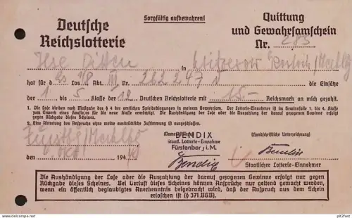 Deutsche Reichs-Lotterie , 1940 , Bendix in Fürstenberg , Kritzmow b. Rostock  !!
