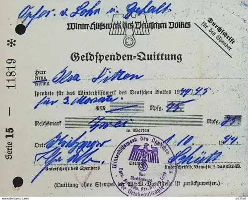 Quittung WHW Geldspende - Kritzmow / Rostock , 1944/45 , Winter-Hilfswerk !!