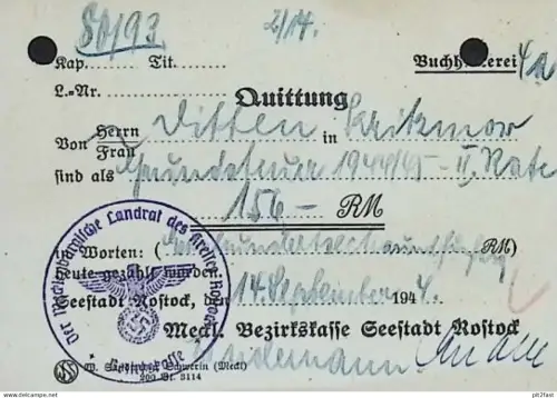 Quittung Kritzmow / Rostock , 1944 , Dokument !!