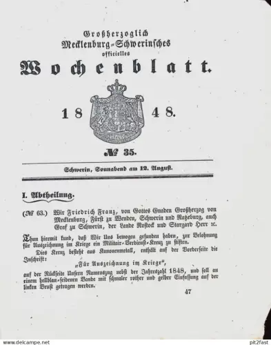Wochenblatt Mecklenburg Schwerin , 1848 , Friedrich Franz , Militär-Verdienstkreuz , Doberan , Grabow !!