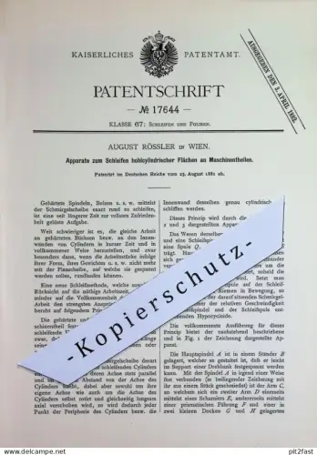 original Patent -  August Rössler , Wien , Österreich | 1881 | Schleifen von Flächen an Maschinenteilen | Bolzen Spindel