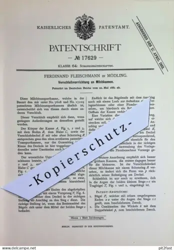 original Patent - Ferdinand Fleischmann , Mödling | 1881 | Verschluss an Milchkannen | Milchkanne Kanne , Eimer , Tiere