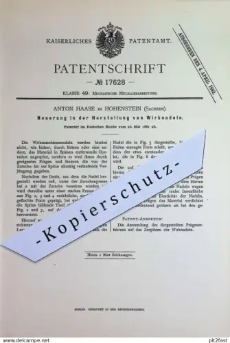 original Patent - Anton Haase , Hohenstein , Sachsen | 1881 | Herstellung von Wirknadeln | Nadel , Nadeln | Metall Fräse