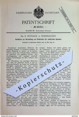 original Patent - Dr. R. Nithack , Nordhausen | 1895 | Herst. von Elektroden für elektrische Sammler | Strom , Elektrik