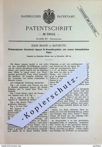 original Patent - Hans Brand , Bayreuth | 1886 | Photographischer Kopierer | Kopie , photography , Fotografie , Foto !!