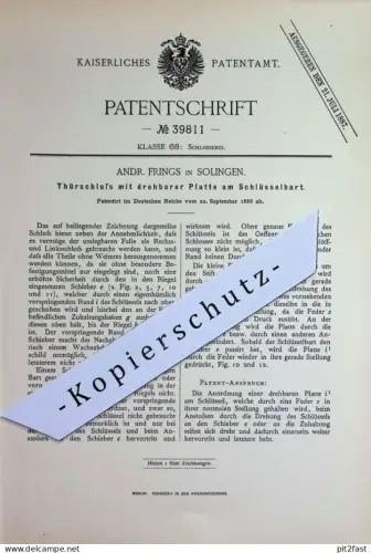 original Patent - Andr. Frings , Solingen | 1886 | Türschloss mit drehbarer Platte am Schlüsselbart | Tür - Schloss !!