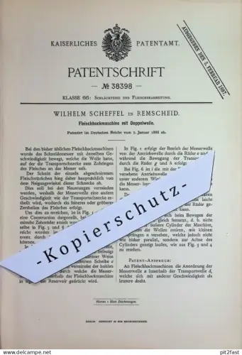 original Patent - Wilhelm Scheffel , Remscheid | 1886 | Fleischhackmaschine | Fleisch , Wurst , Schneidmaschine , Messer