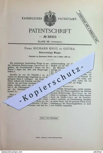 original Patent - Fa. Richard Krug , Gotha | 1886 | Oberschalige Waage | Waagen | Gewicht , Brückenwaage | Quintenz