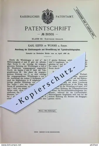 original Patent - Karl Kiefer , Worms / Rhein | 1886 | Elektromagnete & Stromführung bei Typendrucktelegraph | Telegraph
