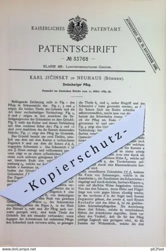 original Patent - Karl Jičinsky , Neuhaus / Böhmen | 1885 | Dreischariger Pflug | Pflugschar , Schar , Landwirtschaft !!