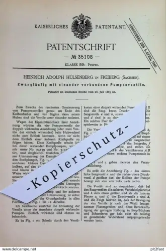 original Patent - Heinrich Adolph Hülsenberg , Freiberg Sachsen | 1885 | verbundene Pumpenventile | Pumpe Pumpen Ventil