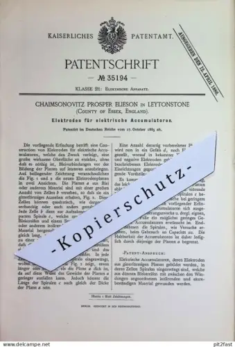 original Patent - Chaimsonovitz Prosper Elieson , Leytonstone Essex England | 1885 | Elektroden für elektr. Akkumulator