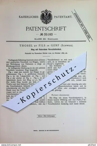 original Patent - Thorel et Fils , Genf , Schweiz | 1885 | Ring mit federndem Verschlussstück | Ringe , Schmuck , Kette