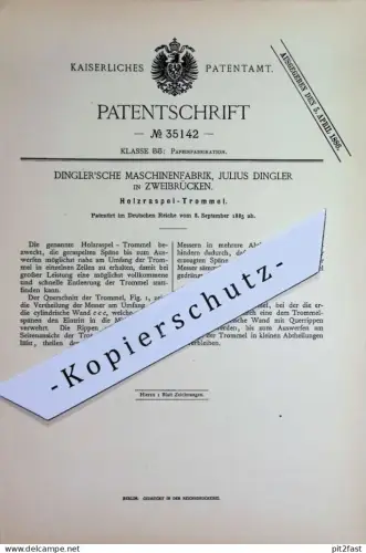 original Patent - Dingler'sche Maschinenfabrik Julius Dingler , Zweibrücken | 1885 | Holzraspel - Trommel | Holz Papier