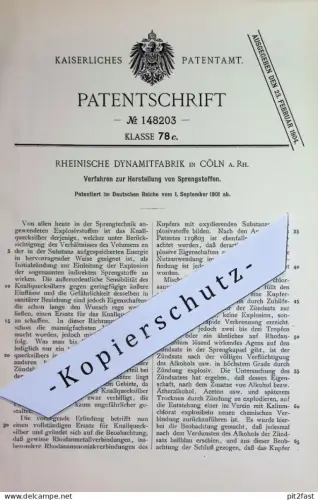 original Patent - Rheinische Dynamitfabrik , Köln / Rhein | 1901 | Herstellung von Sprengstoff | Dynamit , Quecksilber