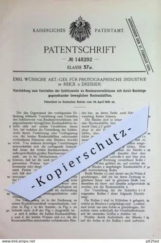 original Patent - Emil Wünsche AG für Photographische Industrie , Reick / Dresden | 1903 | Rollo - Verschluss | Jalousie