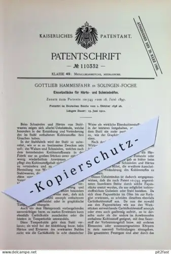original Patent - Gottlieb Hammesfahr , Solingen / Foche | 1898 | Einsetzstücke für Härte- & Schmiedeofen | Ofen Schmied